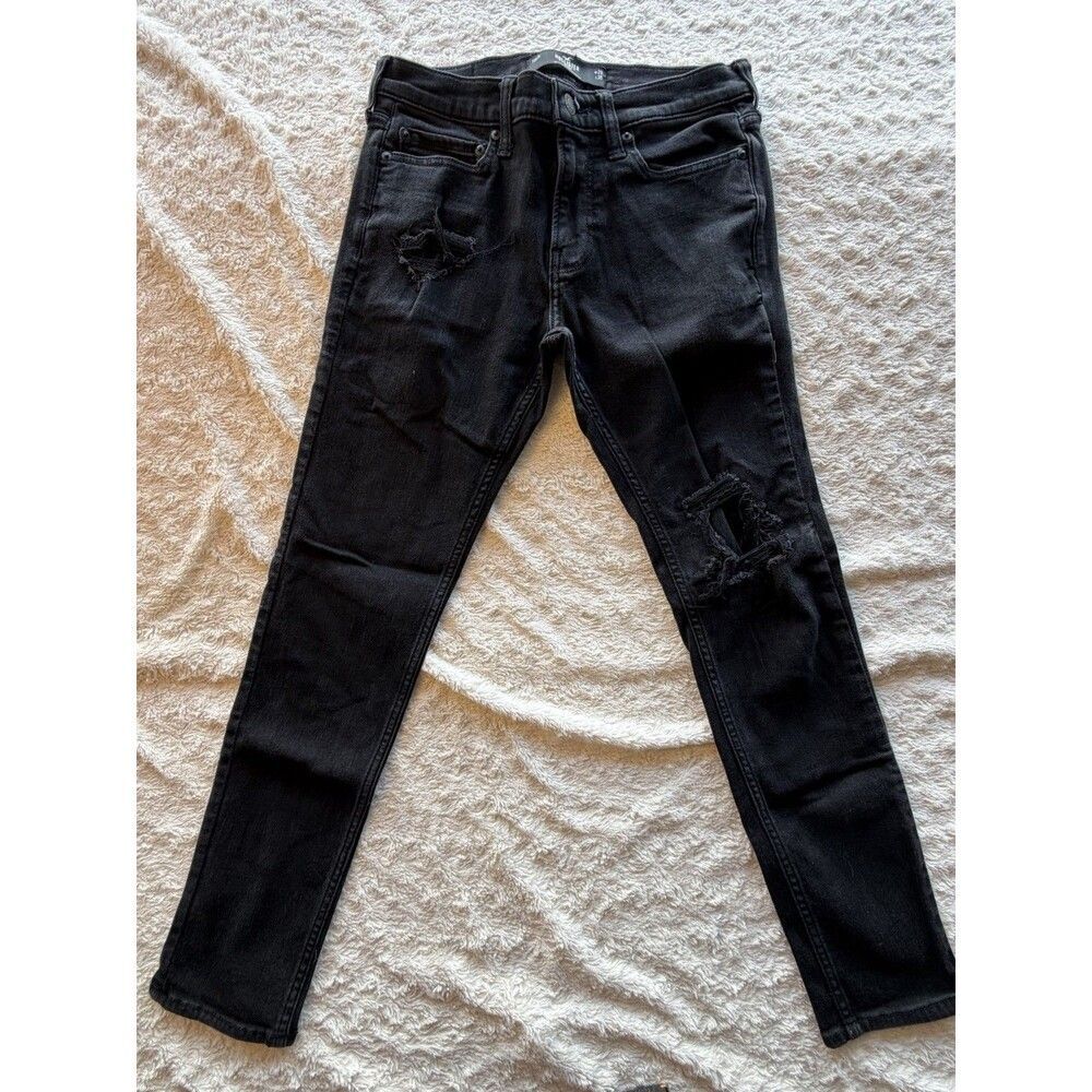 Hollister Skinny Stretch Distressed Black Denim Jeans Button Zip Logo Cotton 29X